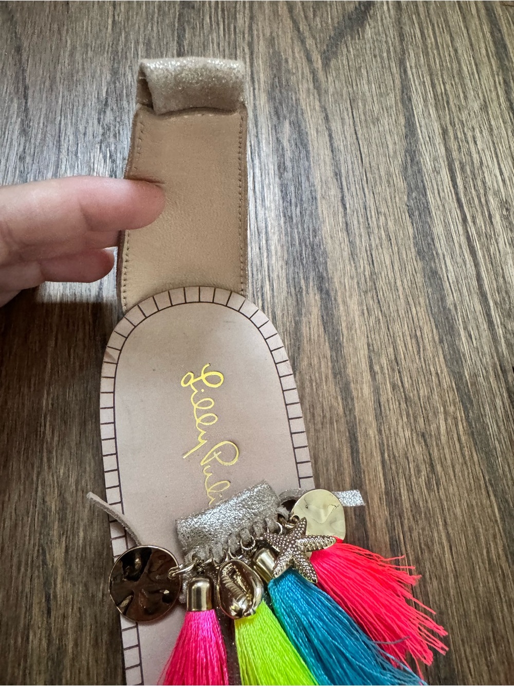 Lilly Pulitzer Metallic Gold Tassel Sandals with Neon Multi-Tassel Accent - Picture 6 of 7